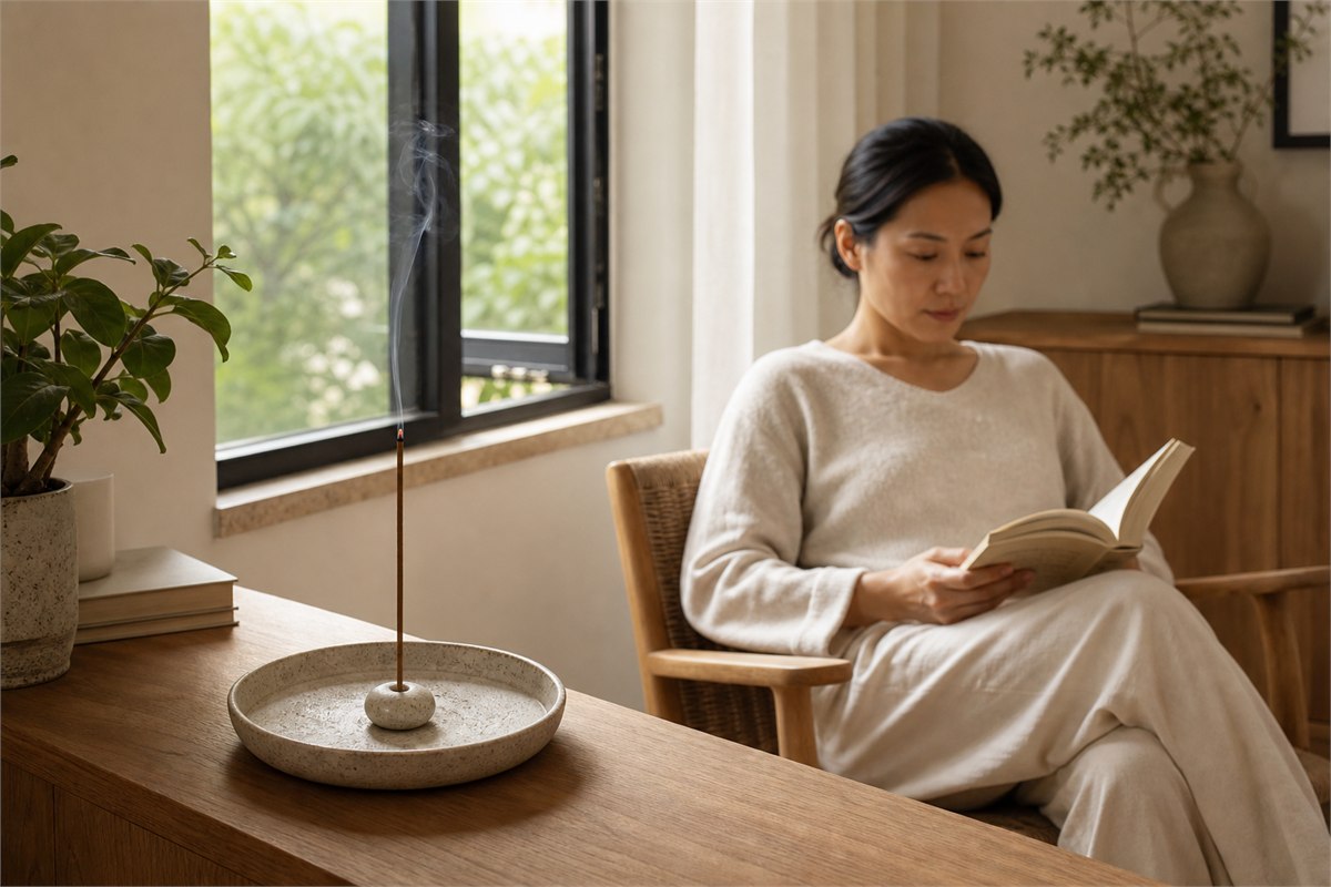 Alert adult reading near a supervised smoldering incense stick beside an open window