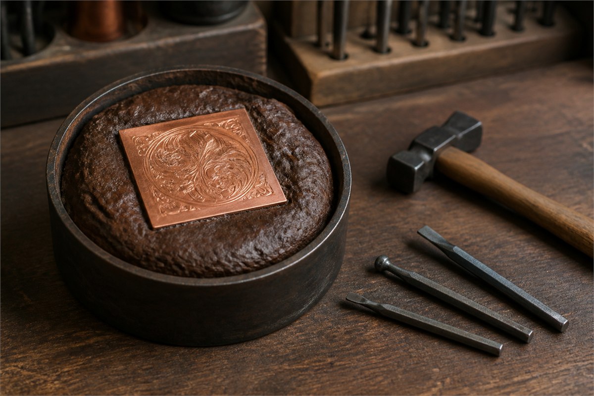 Copper decorative sheet held securely in a professional pitch bowl beside three chasing punches and a small hammer