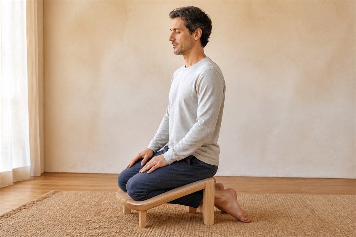 Adult kneeling safely on a meditation bench in loose trousers with hems clear of the feet