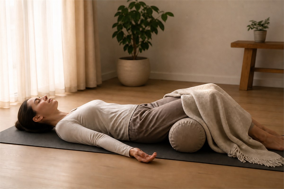 Adult lying safely on a mat in soft clothing with knees supported by a bolster and a blanket nearby