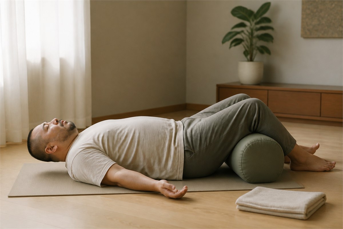 Larger man lying on a mat in soft clothing with knees supported by a bolster