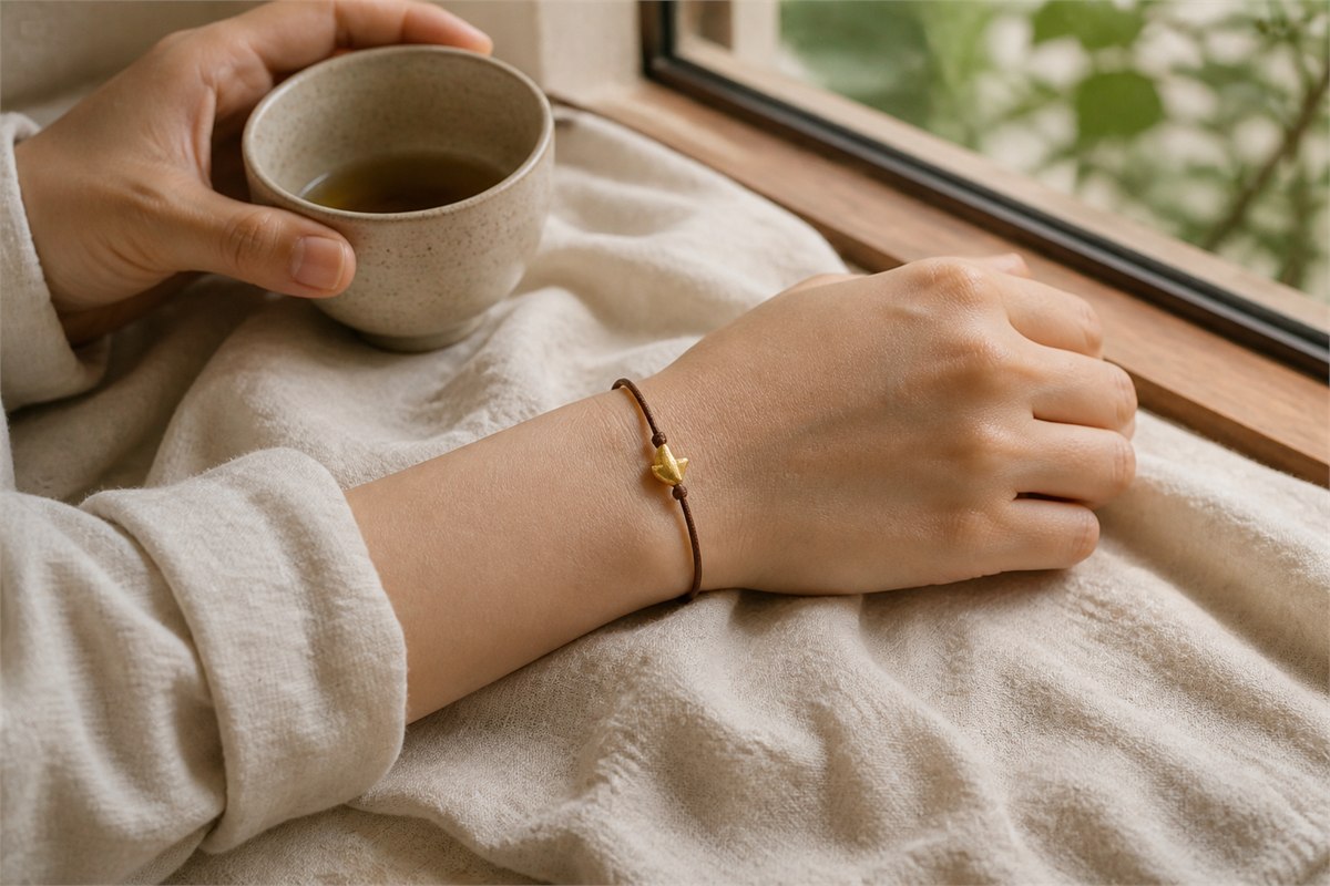 Adult wrist wearing a brown cord bracelet with a small gold-colored ingot-shaped charm beside tea and linen