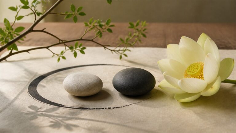 Pale and charcoal stones, a lotus flower, an ink circle, and a living branch in a warm balanced still life.