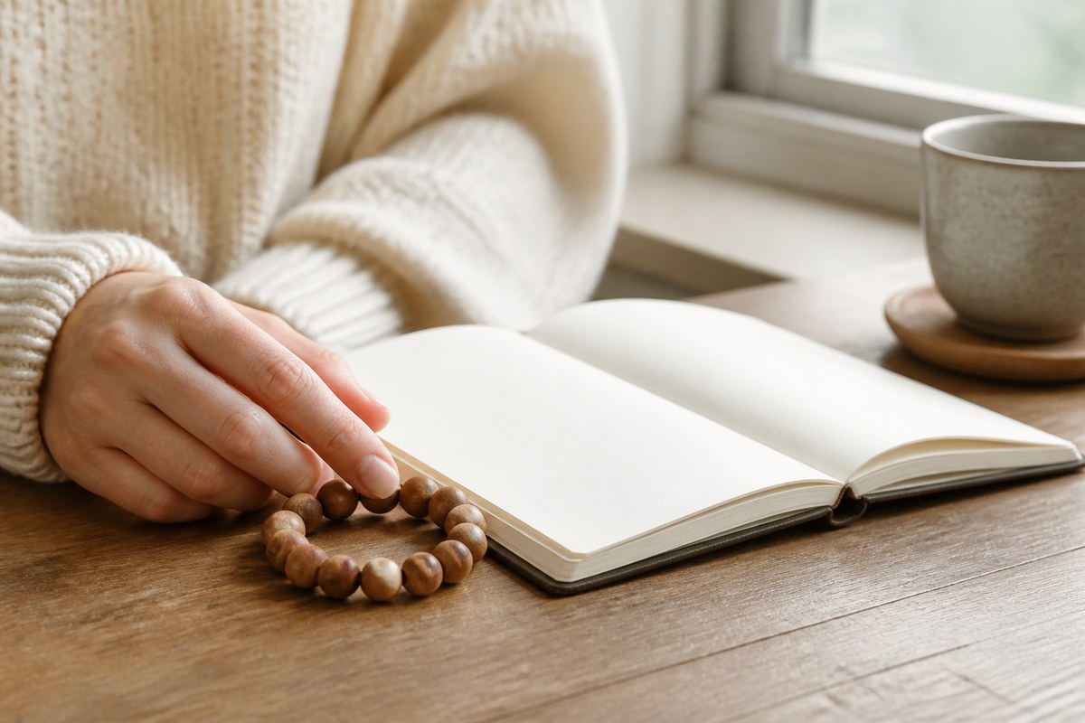 Adult hand gently touching a wooden bead bracelet beside an open blank journal in soft window light