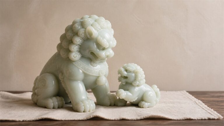 Wide pale jade carving of one large lion facing a smaller cub on warm ivory linen