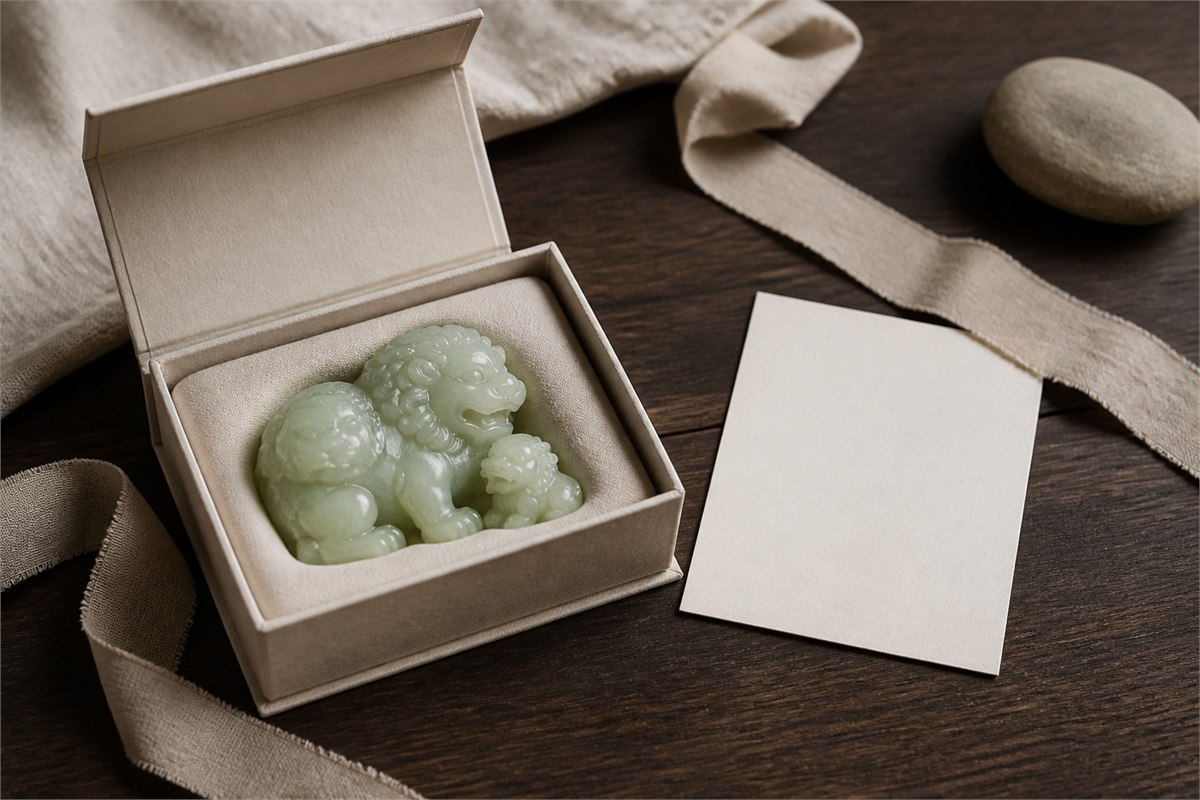 Pale jade large-and-small lion carving in a neutral paper gift box beside a blank card