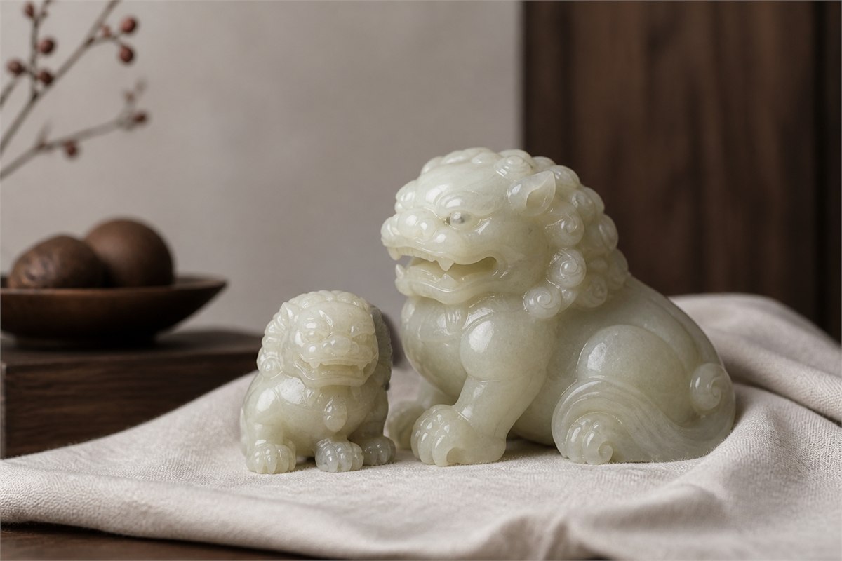 One large and one small creamy jade lion in a caring paired composition