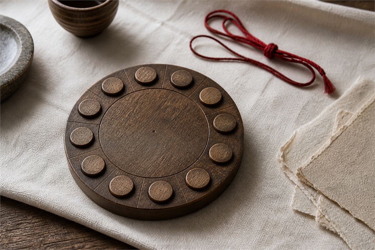 Circular wooden calendar object with twelve unlabeled markers beside handmade paper and a red cord