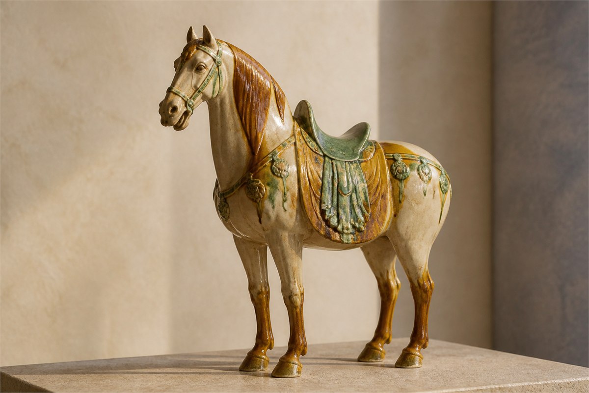 Cream amber and green glazed ceramic horse figurine standing on a neutral pedestal