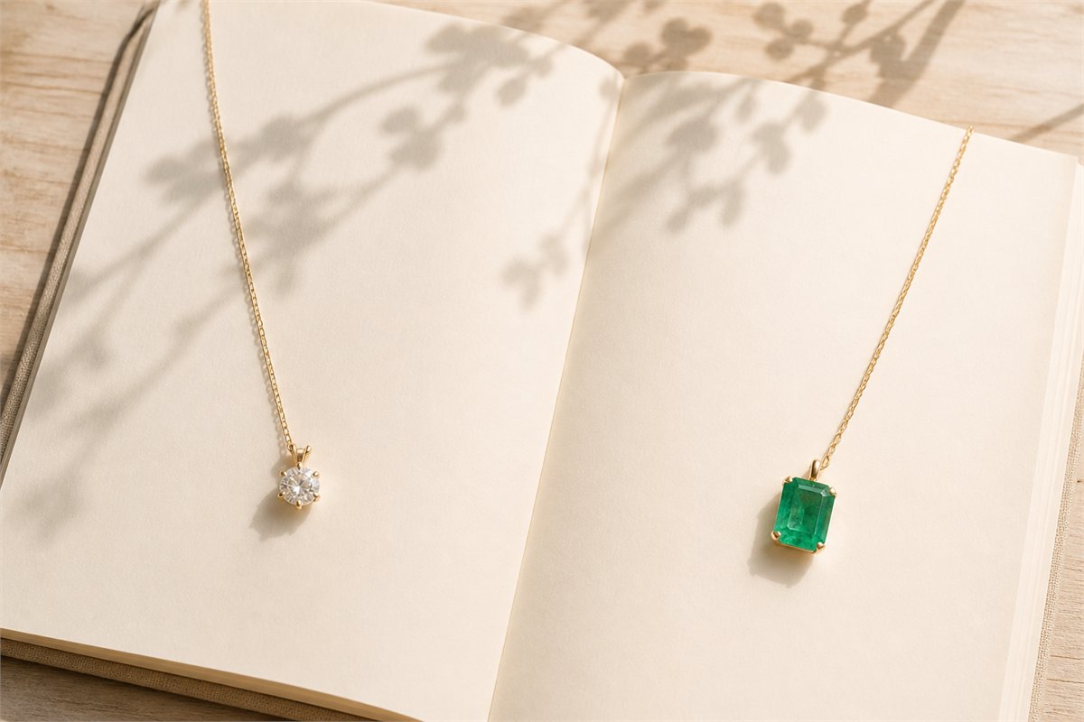 Diamond and emerald pendants rest separately on the blank pages of an open book.