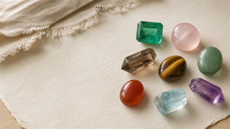 Eight materially distinct Taurus gemstones arranged on warm ivory paper.