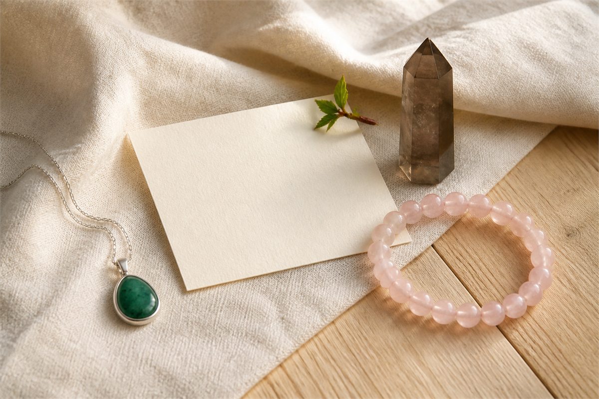 Emerald pendant, rose quartz bracelet, and smoky quartz point beside a blank gift card.