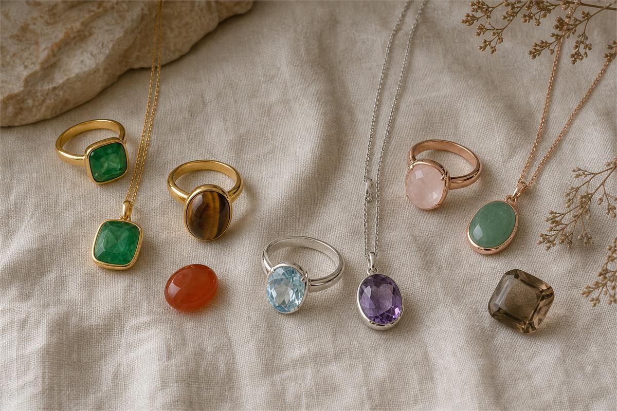 Green, pink, brown, violet, orange-red, and blue gemstones set with gold, silver, and rose-gold tones.
