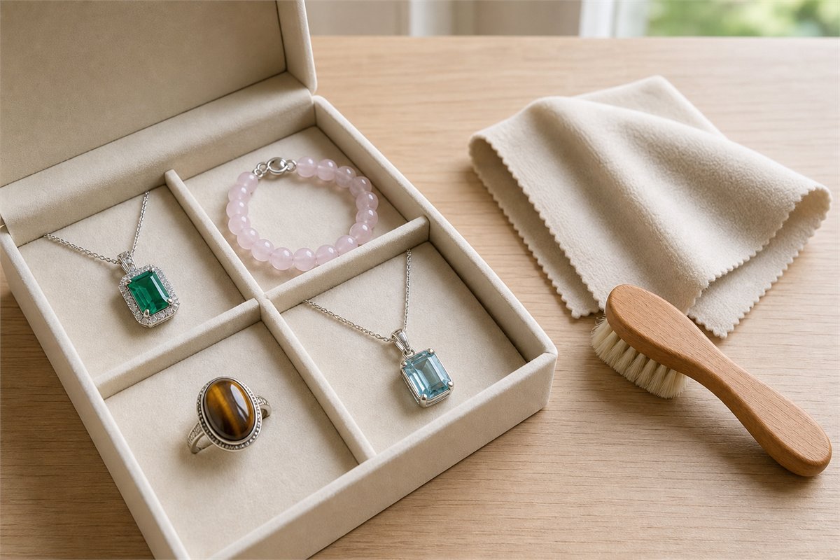 Emerald, rose quartz, tiger’s eye, and aquamarine jewelry stored separately beside a dry cloth and soft brush.