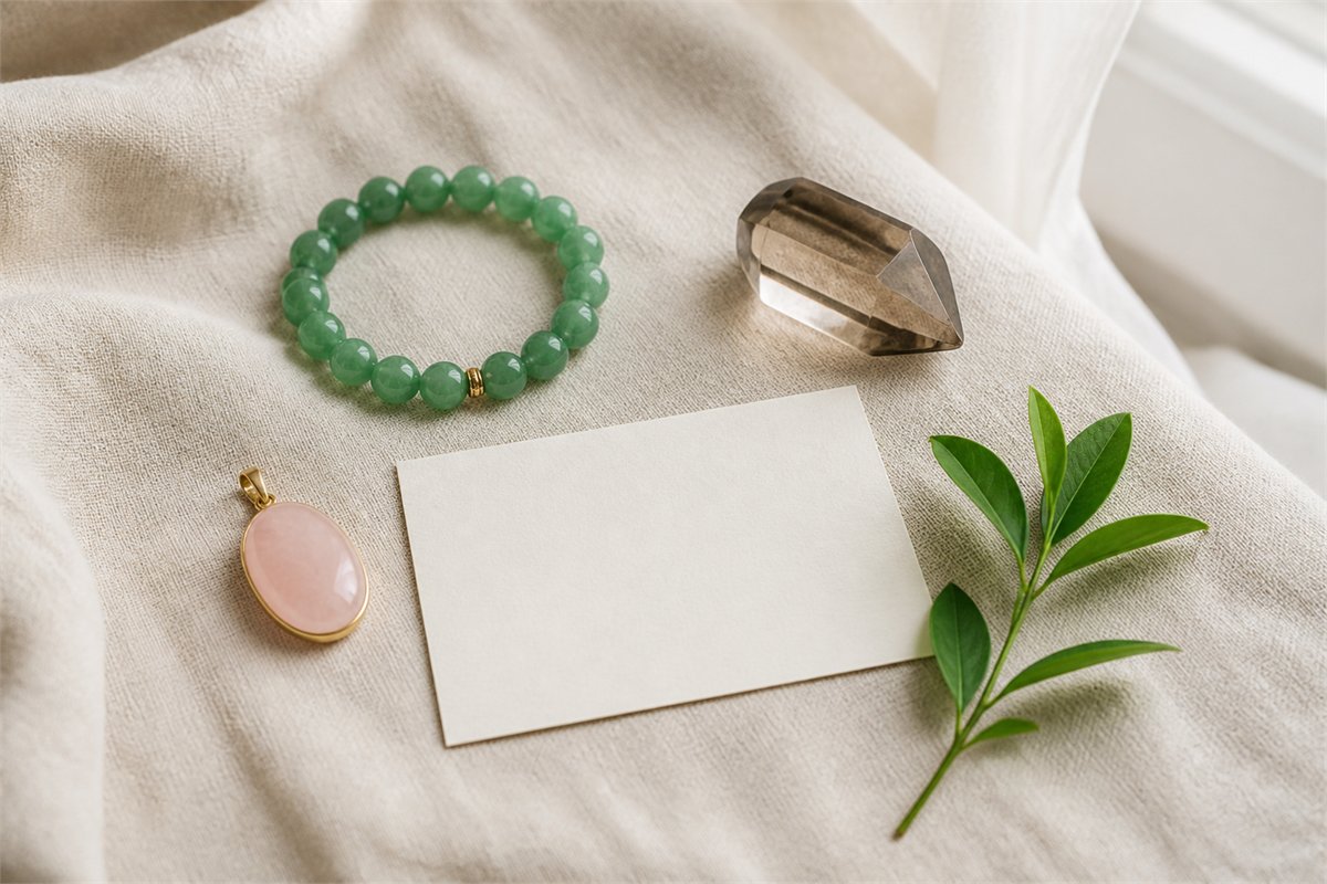 Green aventurine bracelet, rose quartz pendant, and smoky quartz beside a blank card and leaves.