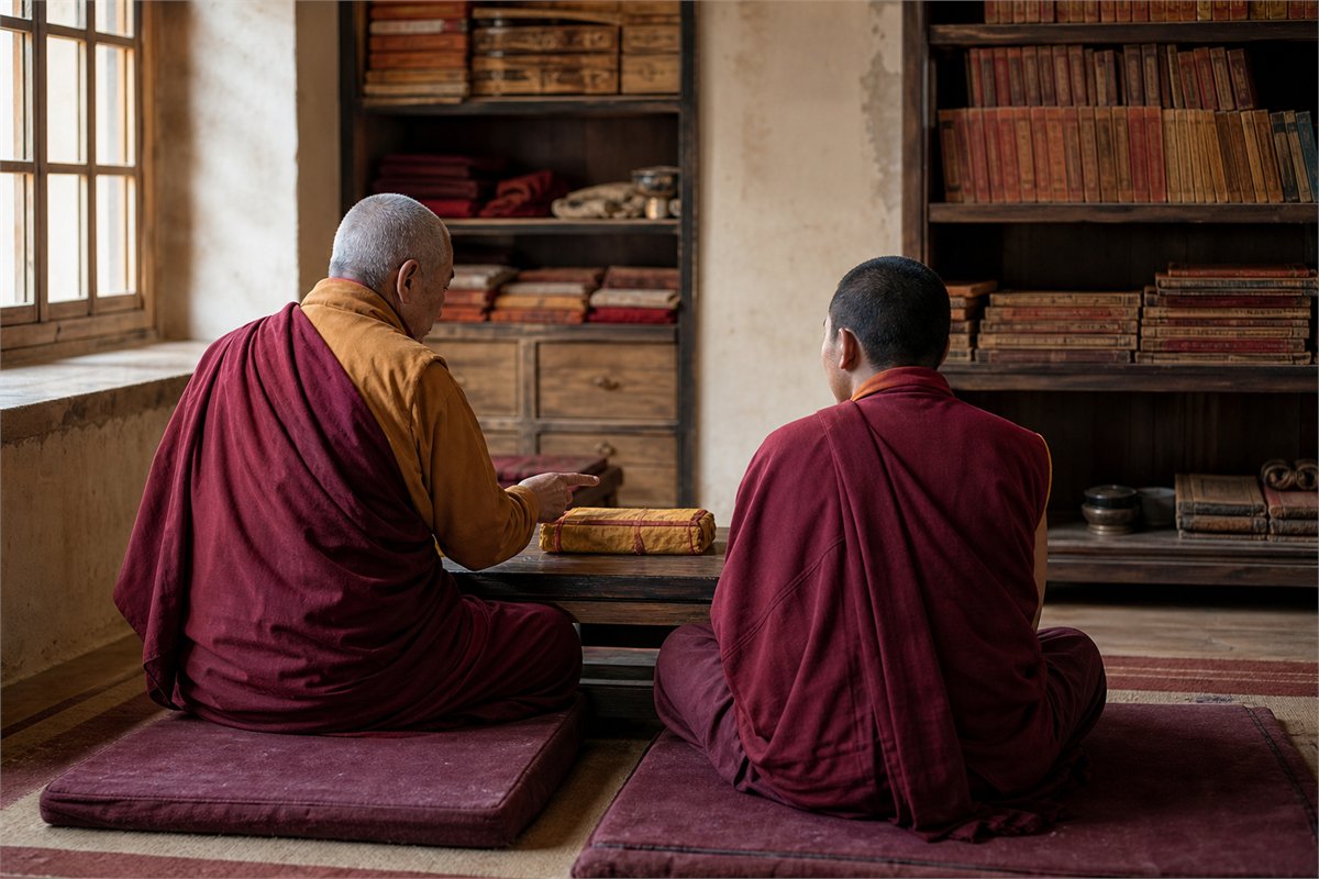 Older robed teacher and adult student seated from behind beside a closed manuscript in a monastery library