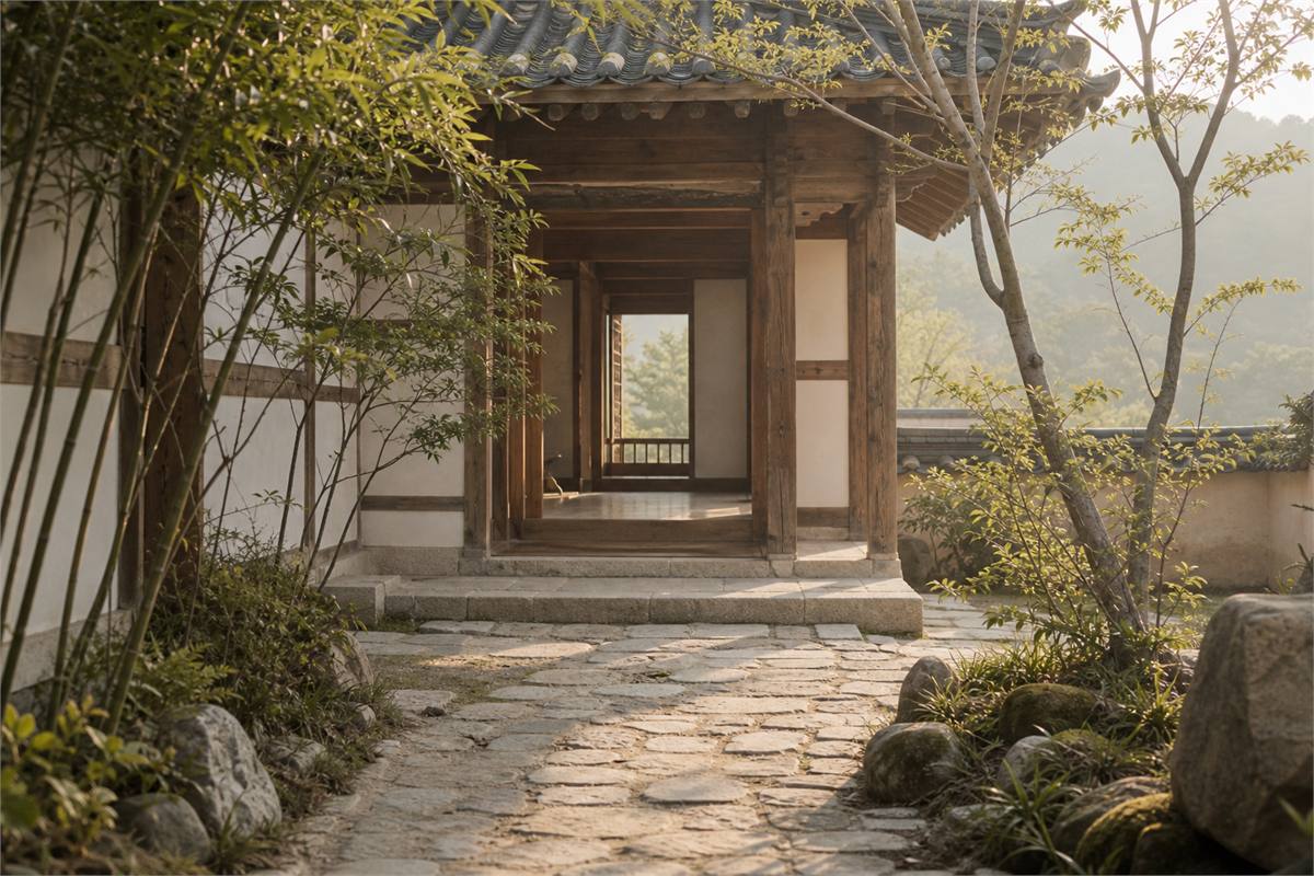 Stone path leading through a quiet wooden temple entrance in soft morning light.