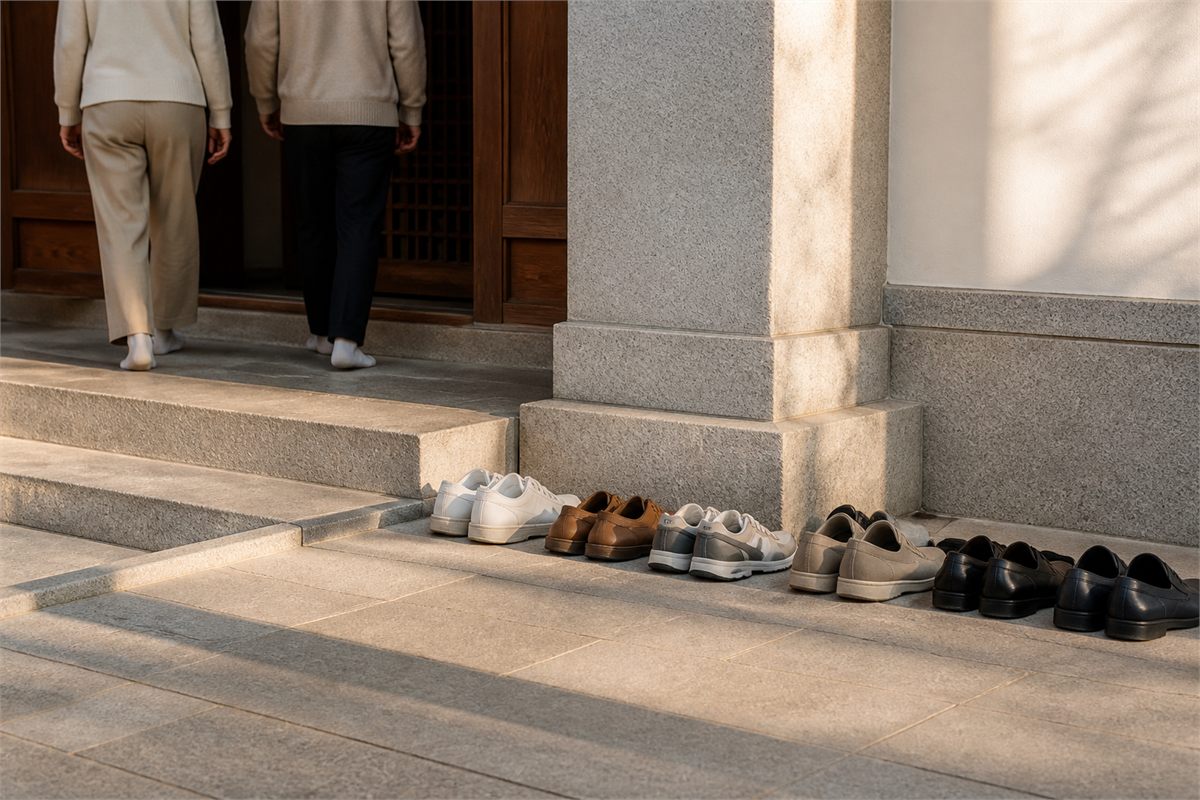 Neatly arranged shoes outside a stone and wood threshold as two visitors enter in socks