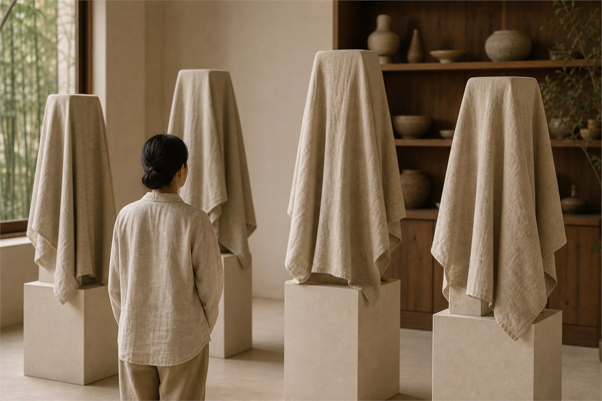 Visitor viewing four fully covered collection objects on separate pedestals in a quiet conservation room.