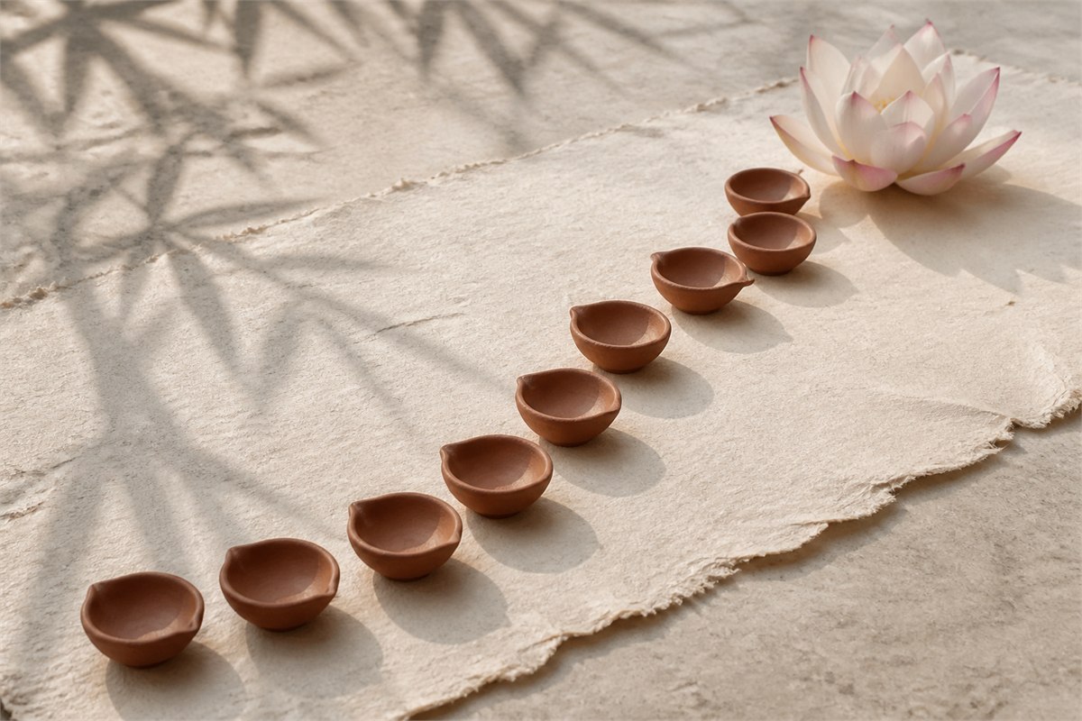 Ten small clay lamps arranged in a path leading toward a white lotus on handmade paper