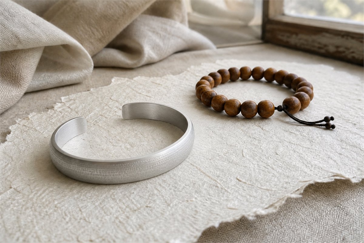 A metal bracelet with deliberately unreadable engraved marks rests separately from clear wooden counting beads.