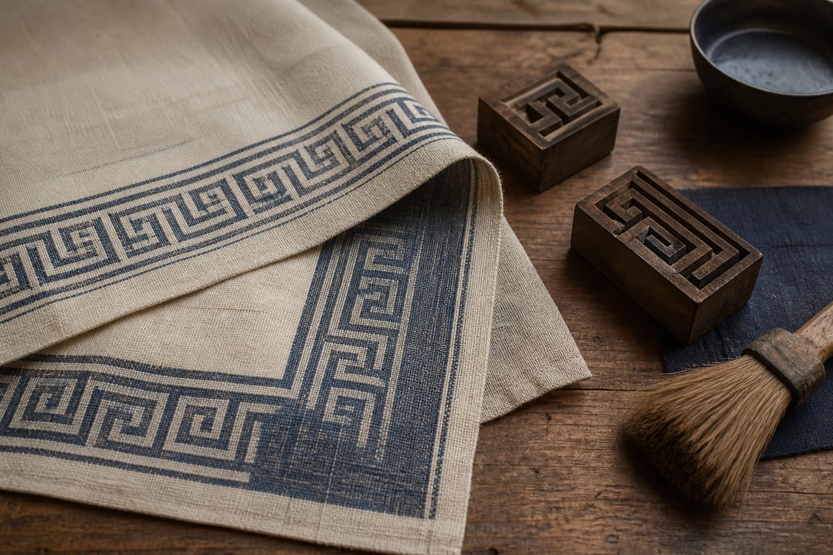 Indigo geometric border shown on folded cloth beside carved wood blocks and a natural-bristle brush