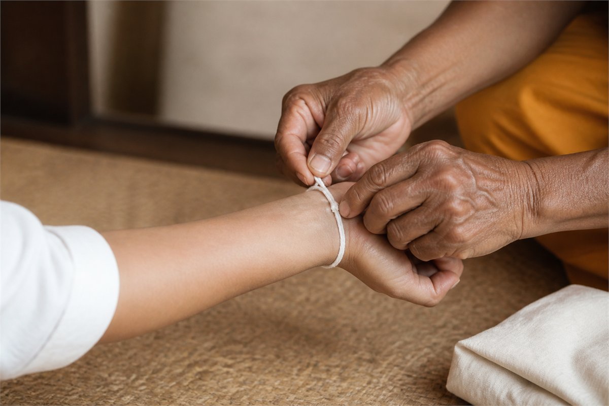 A Thai Buddhist monk ties a plain white sai sin cord around an adult visitor’s wrist in a quiet temple setting.