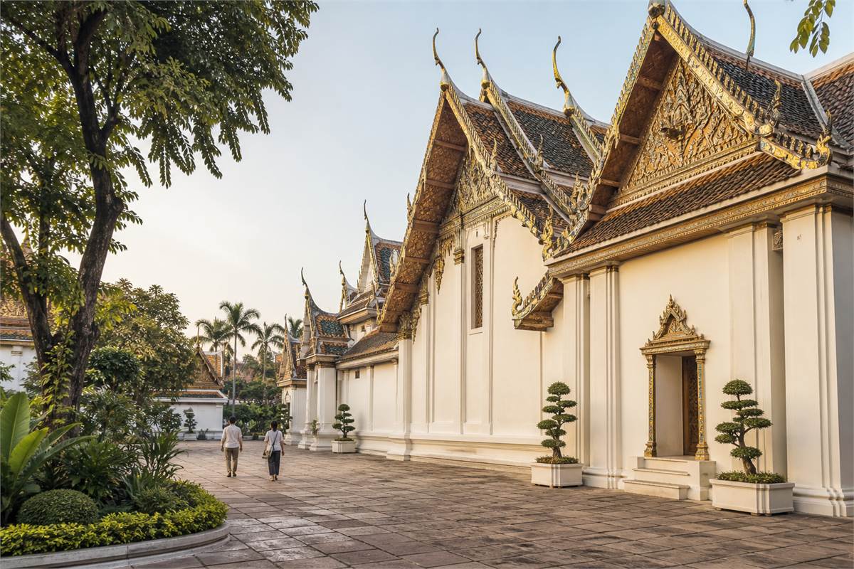 Quiet Thai-style temple courtyard exterior with two distant visitors walking calmly