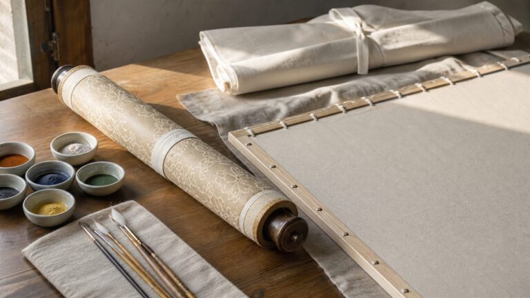 Rolled textile scroll, stretched cotton canvas, pigment bowls and brushes on a wooden workshop table