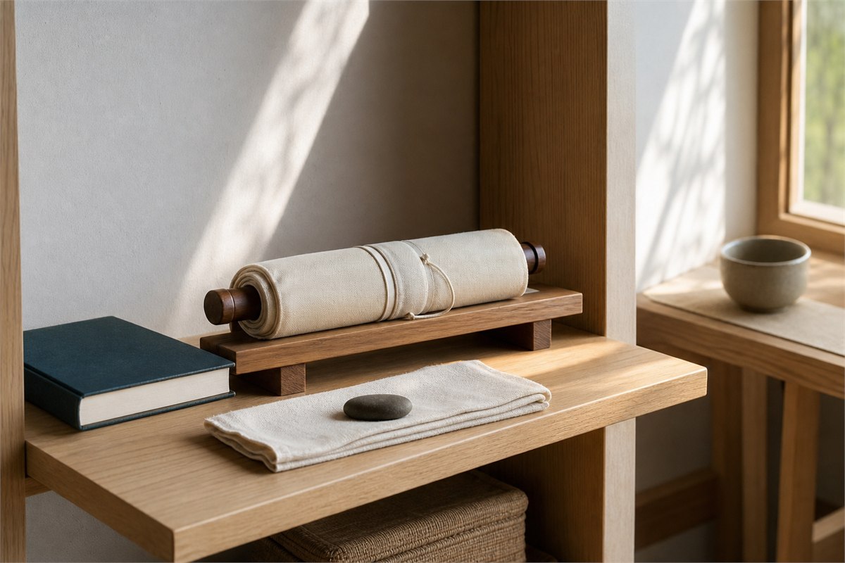 Wrapped textile scroll resting on a raised wooden support beside linen, a closed book and a stone