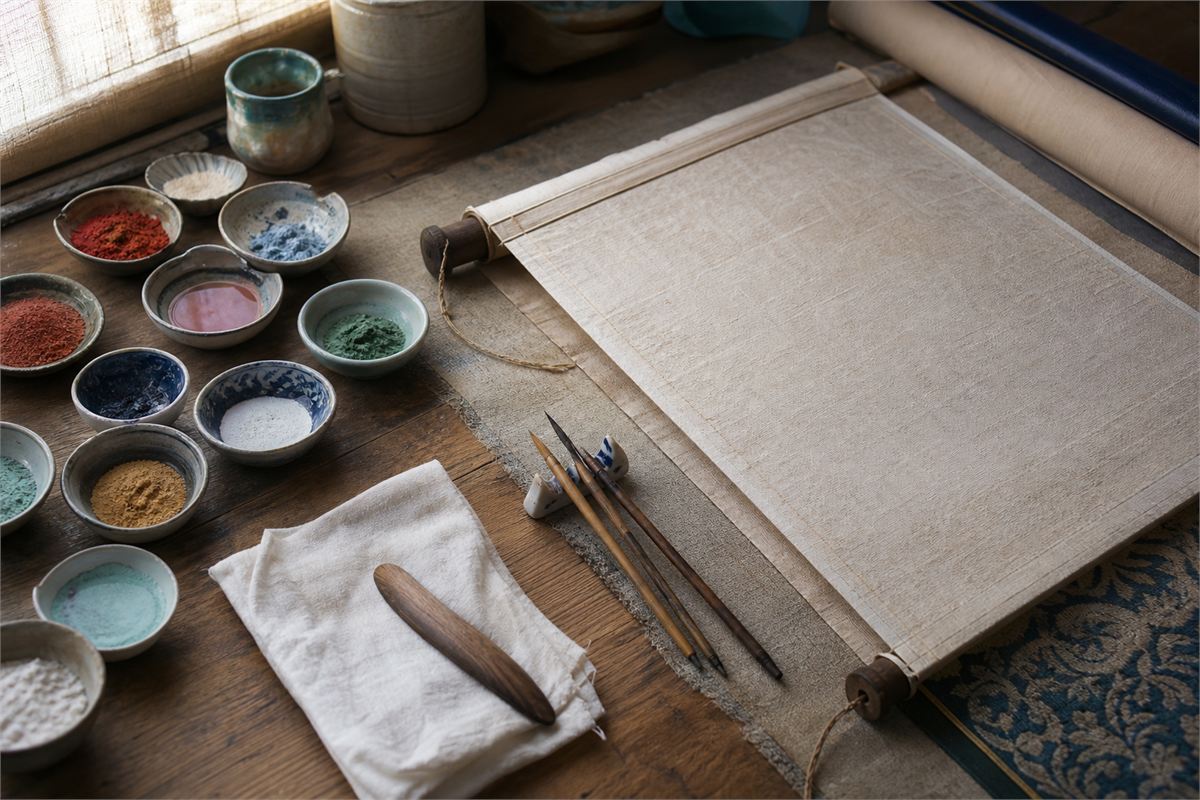 Ceramic bowls of mineral pigments, fine brushes, cloth, and the blank back of a rolled painting support on a wood worktable