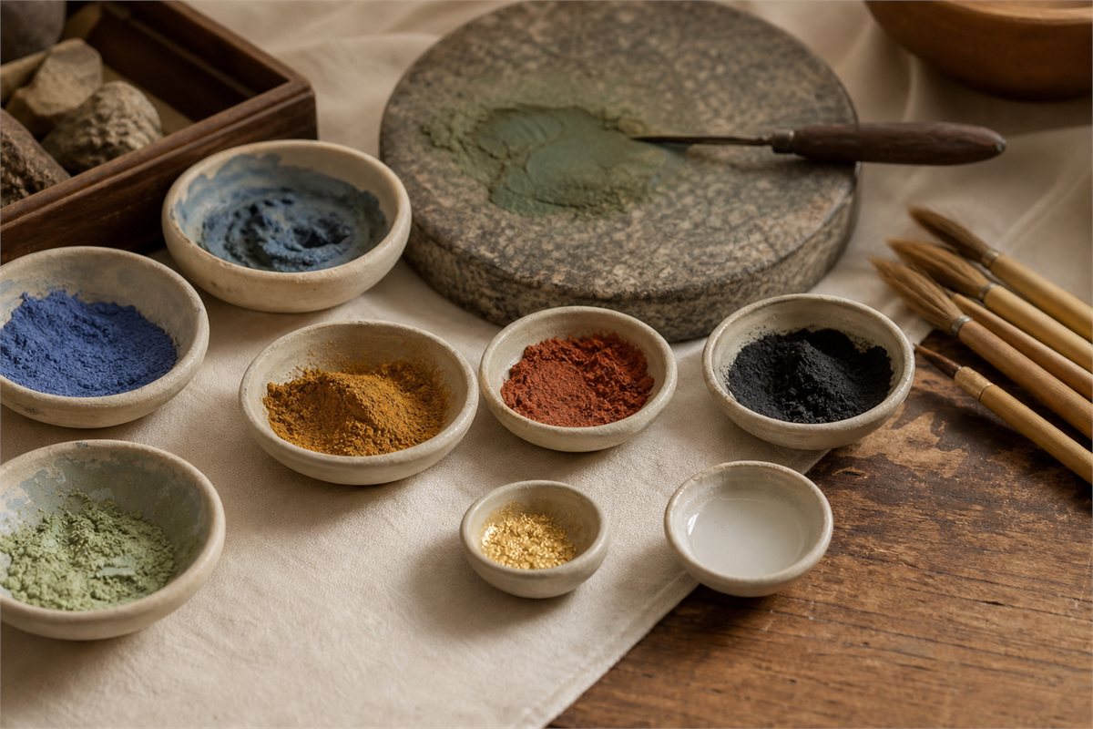 Ceramic bowls of blue, green, ochre, red, black and gold-toned pigments beside a grinding stone and brushes