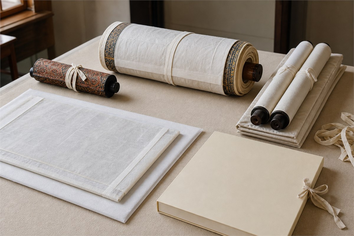 Several wrapped textile scroll formats and a covered flat cloth work arranged on a padded study table
