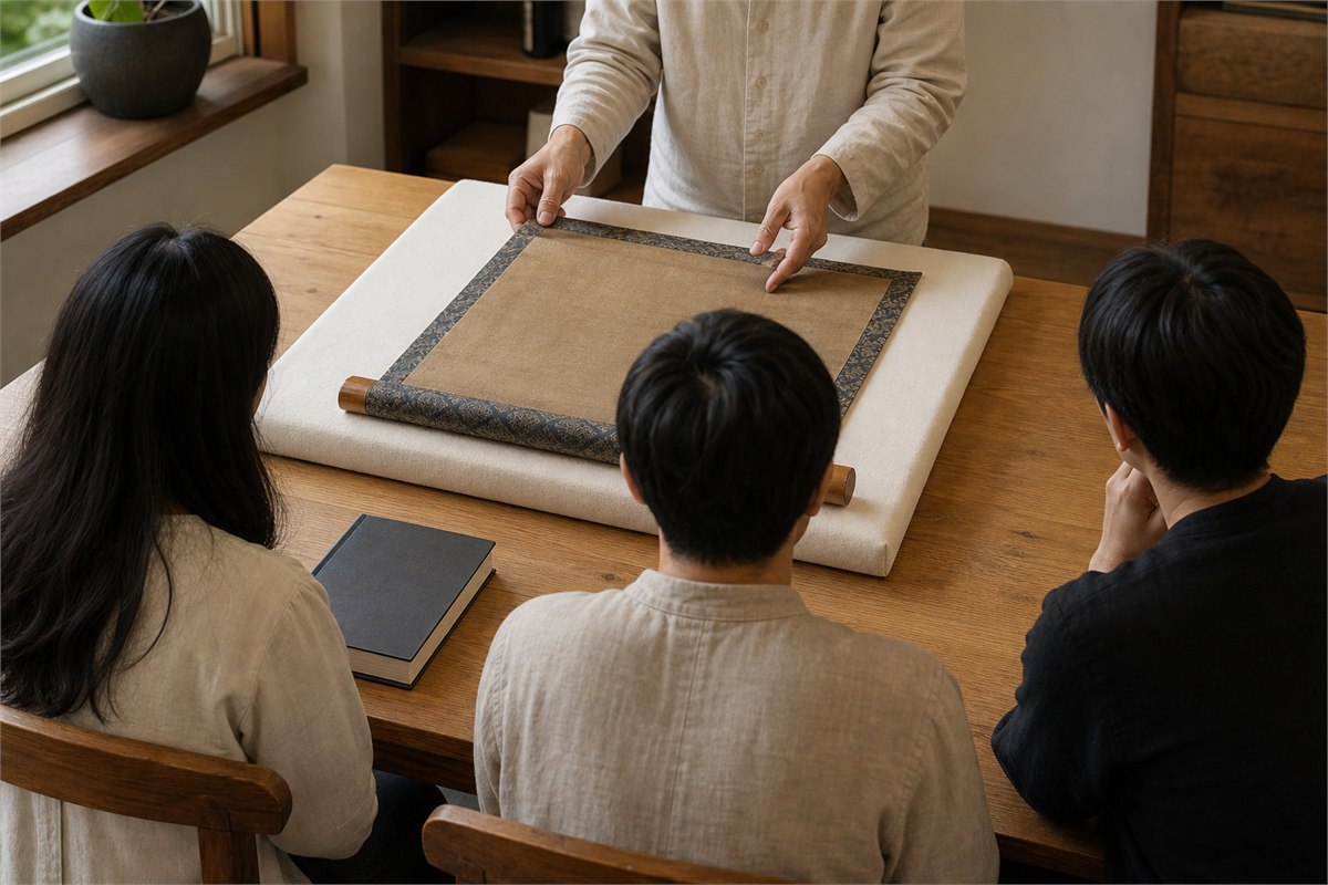 Instructor and three learners studying the backing and textile border of a covered scroll on a padded table