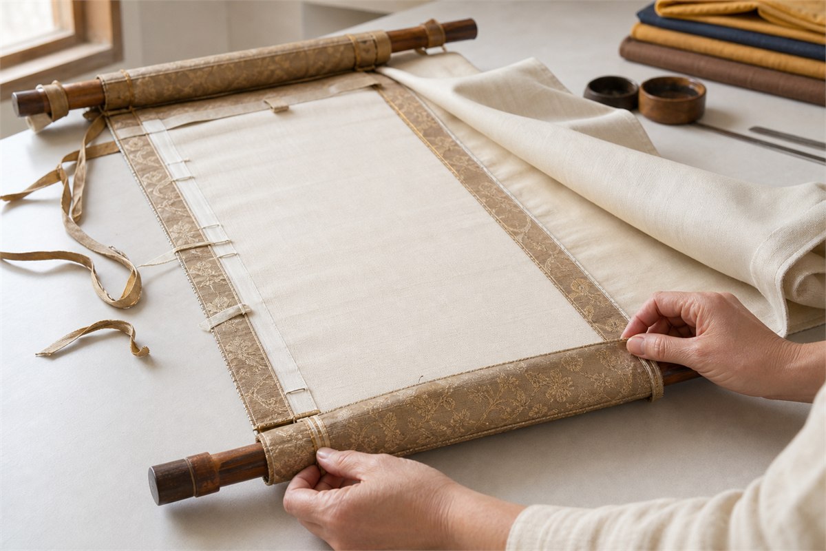 Artisan hands aligning a plain backed scroll with brocade border, stitching, protective cloth and wooden rods
