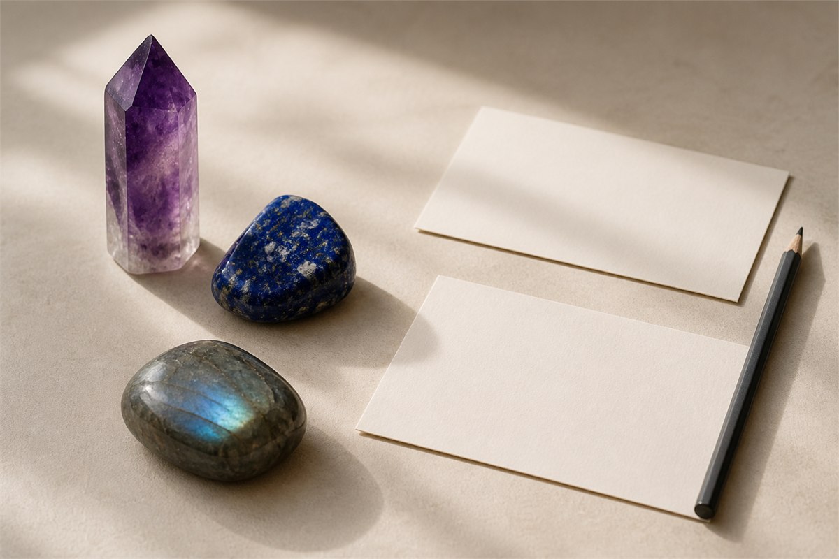Amethyst, lapis lazuli, and labradorite beside blank reflection cards and a pencil