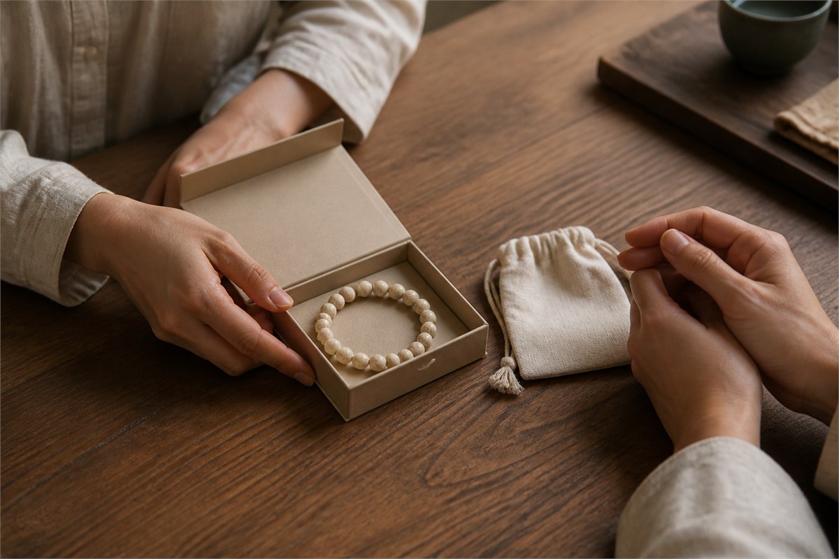 Bone bead bracelet in an open neutral gift box between two adults