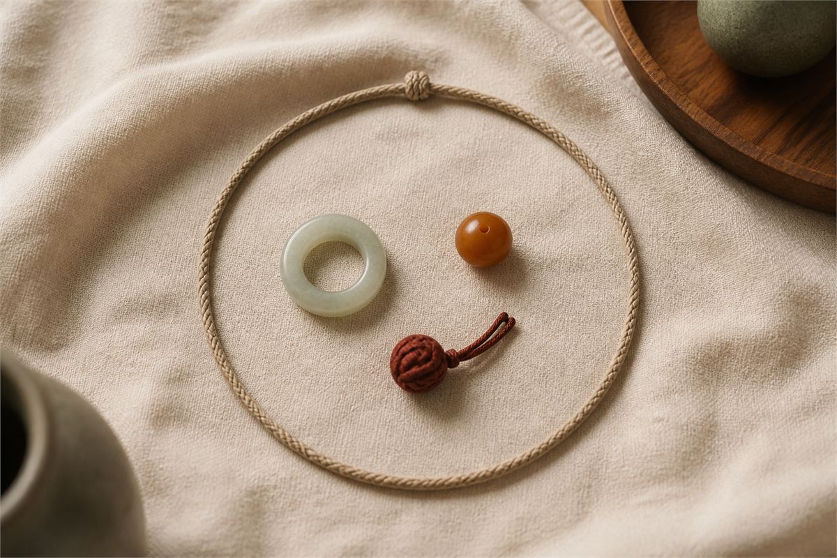 Three small keepsakes arranged inside a closed natural-fiber circle on ivory linen