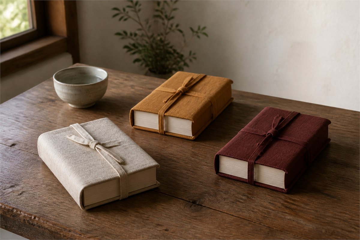 Three distinct cloth-wrapped book bundles arranged separately on a warm wooden table
