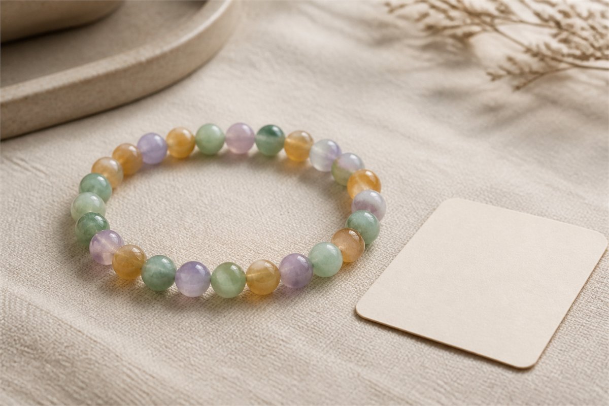 Bracelet of muted green, lavender, and honey-toned polished beads on ivory linen