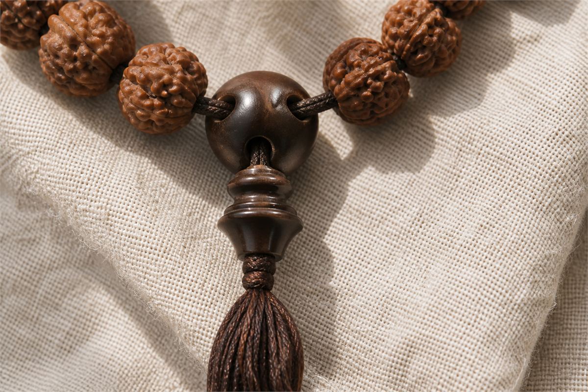 Close-up of a three-hole mother bead and stupa fitting at the junction of a natural seed mala