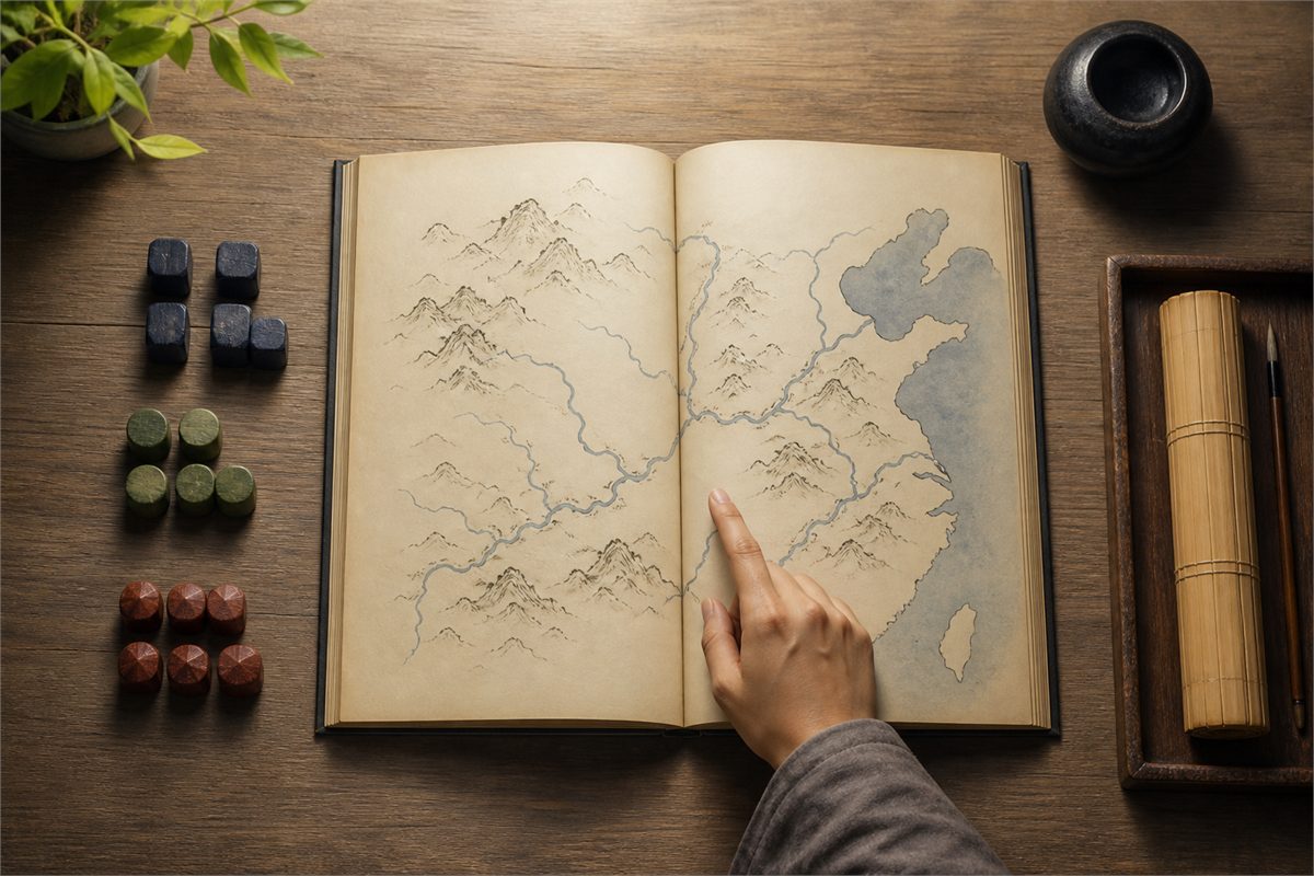 Reader traces an unlabeled map beside three groups of colored wooden strategy tokens
