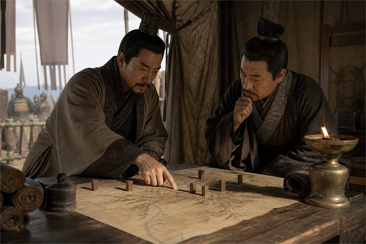 Two Han-era inspired strategists study an unlabeled map in a command tent