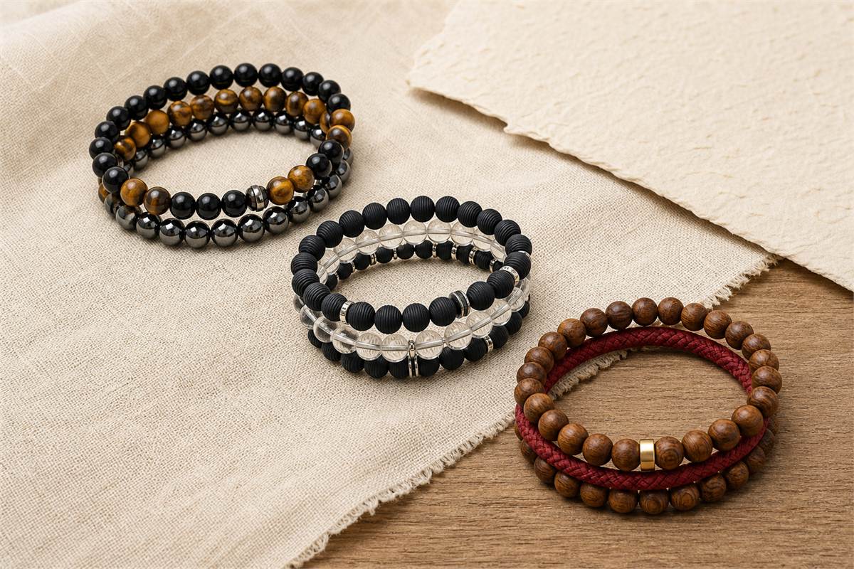 Three bracelet designs using tiger’s eye, obsidian, hematite, black tourmaline, clear quartz, wood and red cord