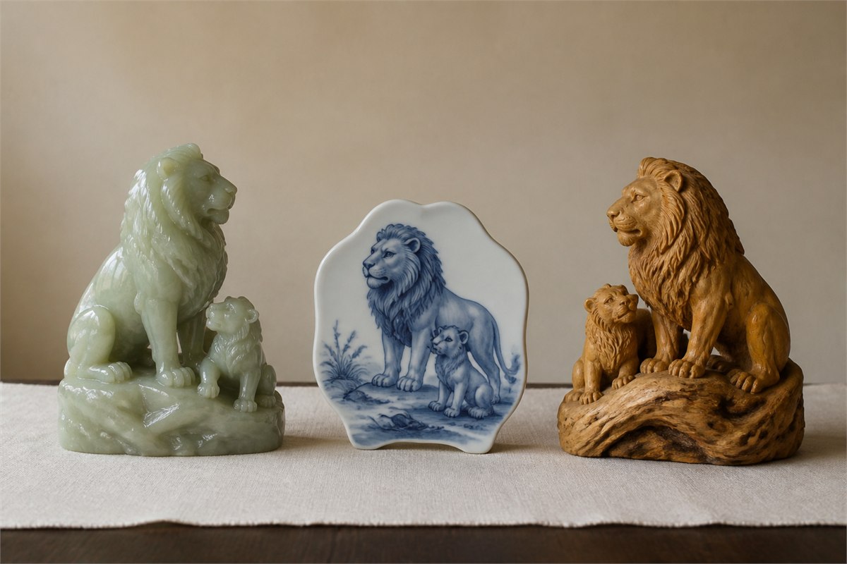 Large and small lion pairs rendered in pale jade, blue and white porcelain, and carved bamboo root