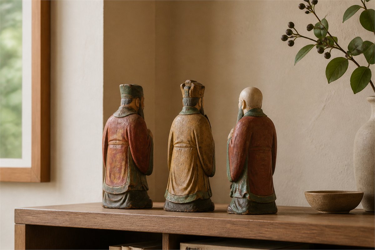 Three traditional painted-wood elder figurines viewed from behind on a quiet shelf