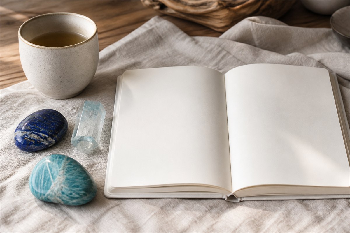 Aquamarine, lapis lazuli, and amazonite arranged around a blank journal and tea