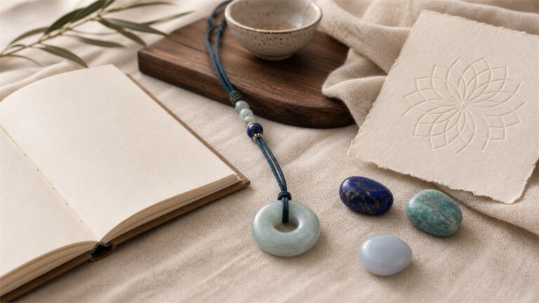 Blank journal with aquamarine, lapis lazuli, amazonite, blue chalcedony, and a lotus paper motif