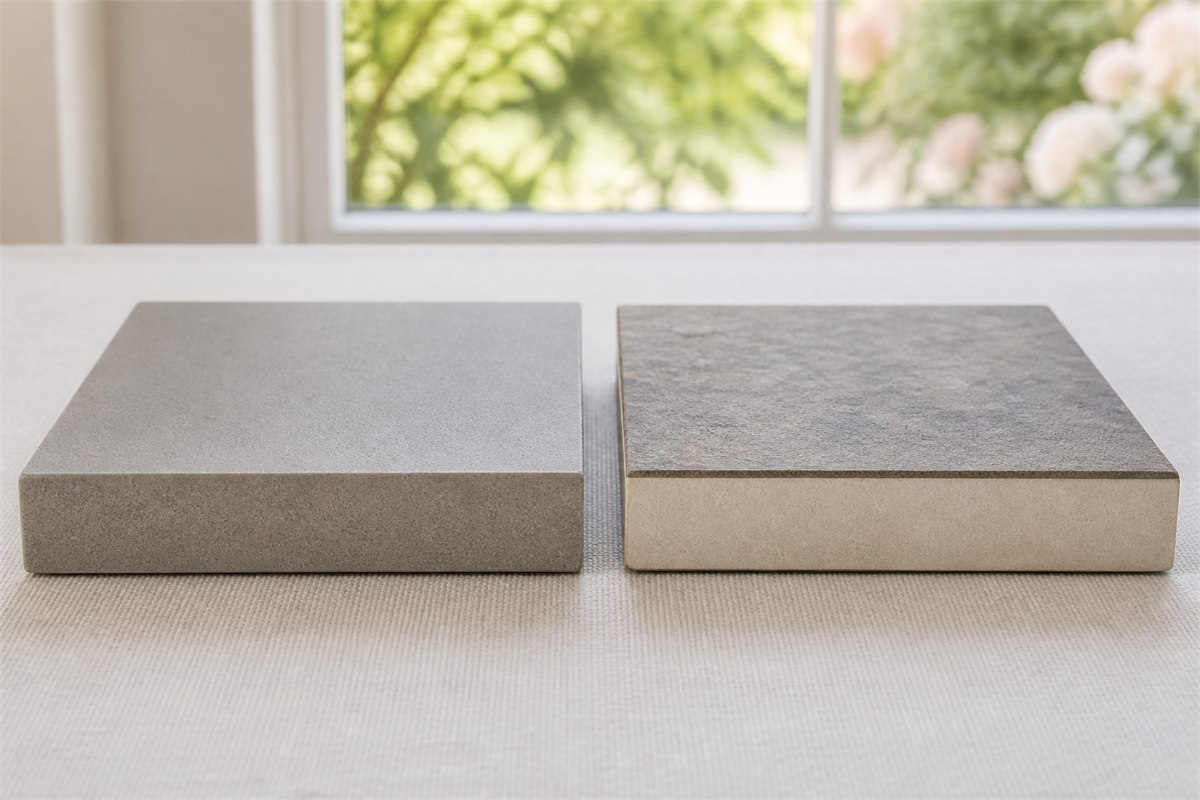 Two thick porcelain paver samples showing a consistent body and a decorated surface over a lighter body