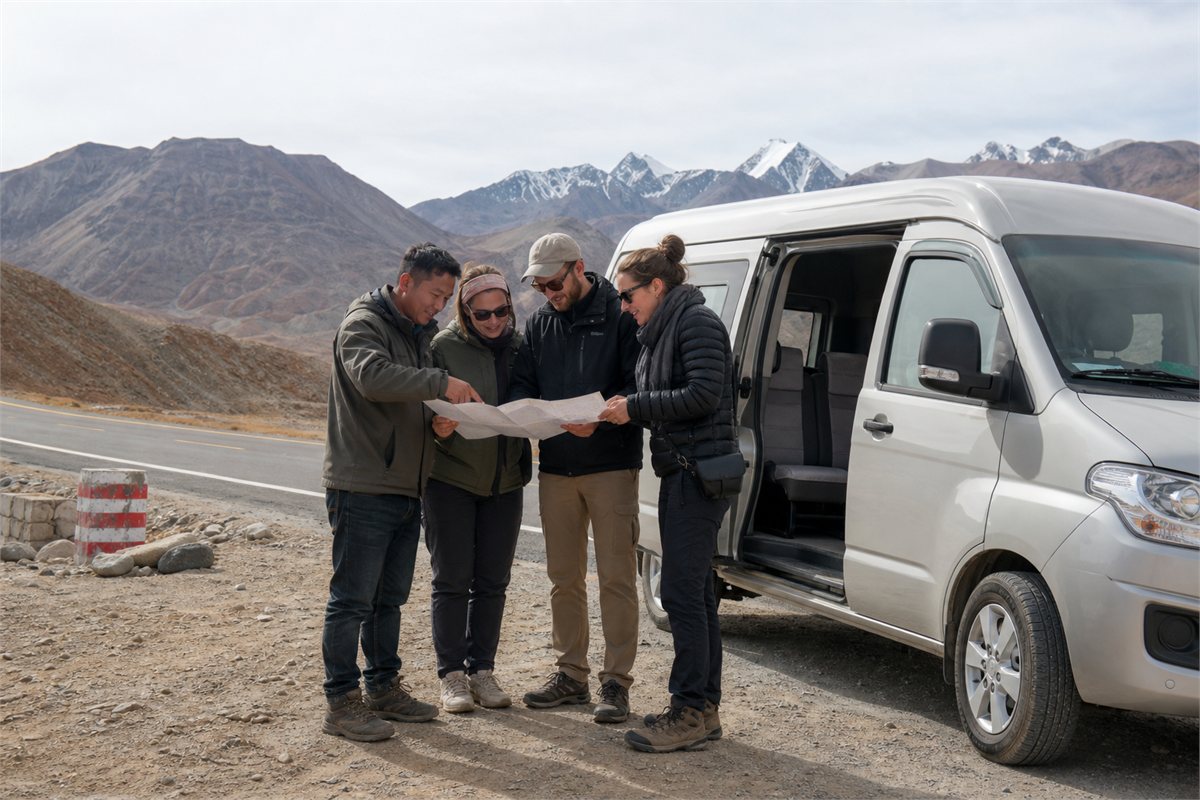 A small group reviewing a route with a local guide beside a minibus on a mountain road